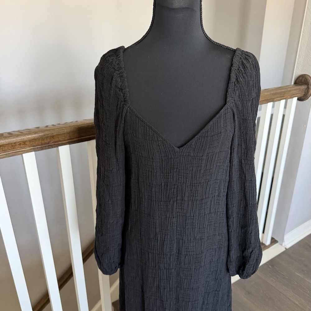 Anthropologie Textured Puff Sleeve Black Midi Dress Sz 10 Goth Grunge Peasant - Picture 2 of 9